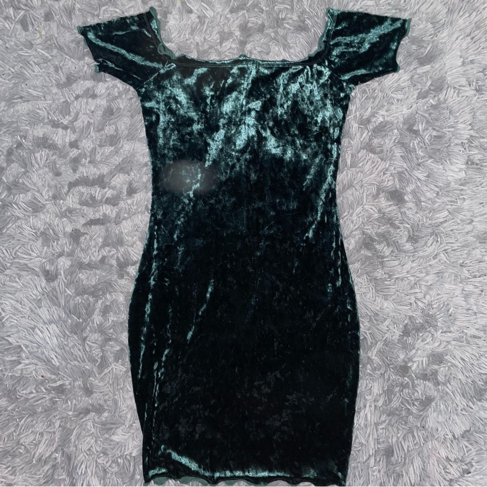 Fashion Nova Off The Shoulder Green Velvet Dress